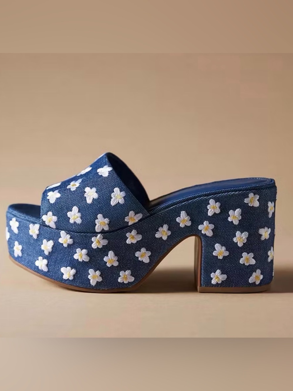 LARROUDE MISO EMBROIDERED FLORAL PLATFORM SANDAL IN DENIM